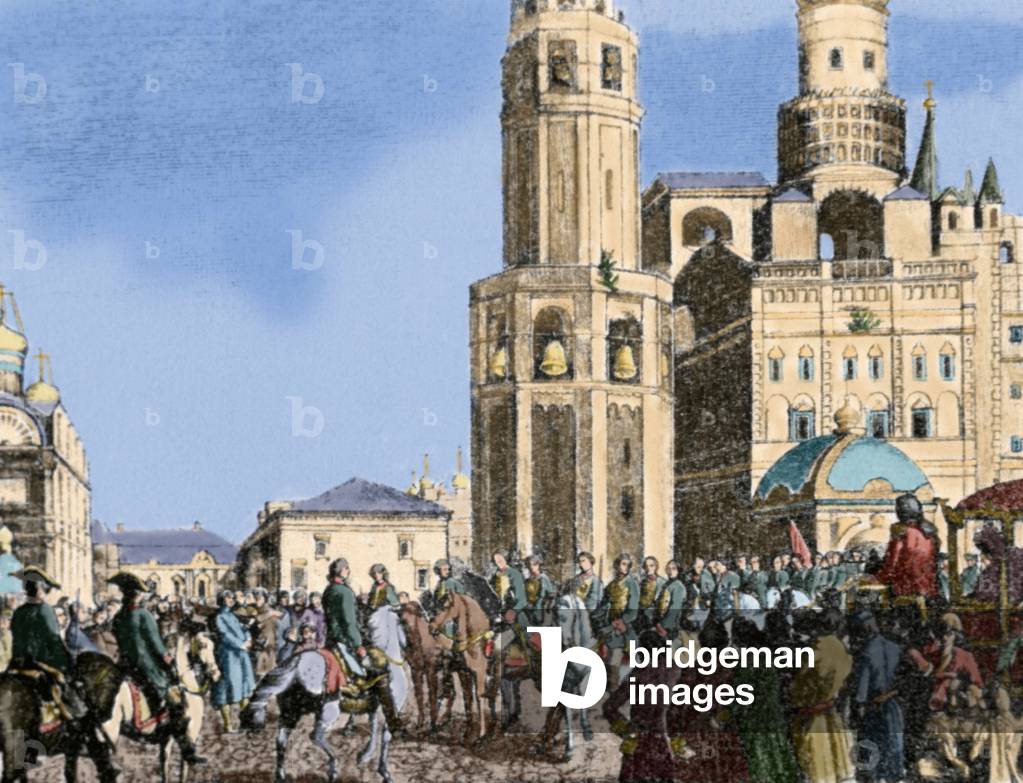 A secretary of the Senate, accompanied by two heralds and the band of the guard, attends in Moscow to the coronation of Catherine II (1729-1796). Engraving by Aleksei Kulpacnikov, 18th century. Colored.