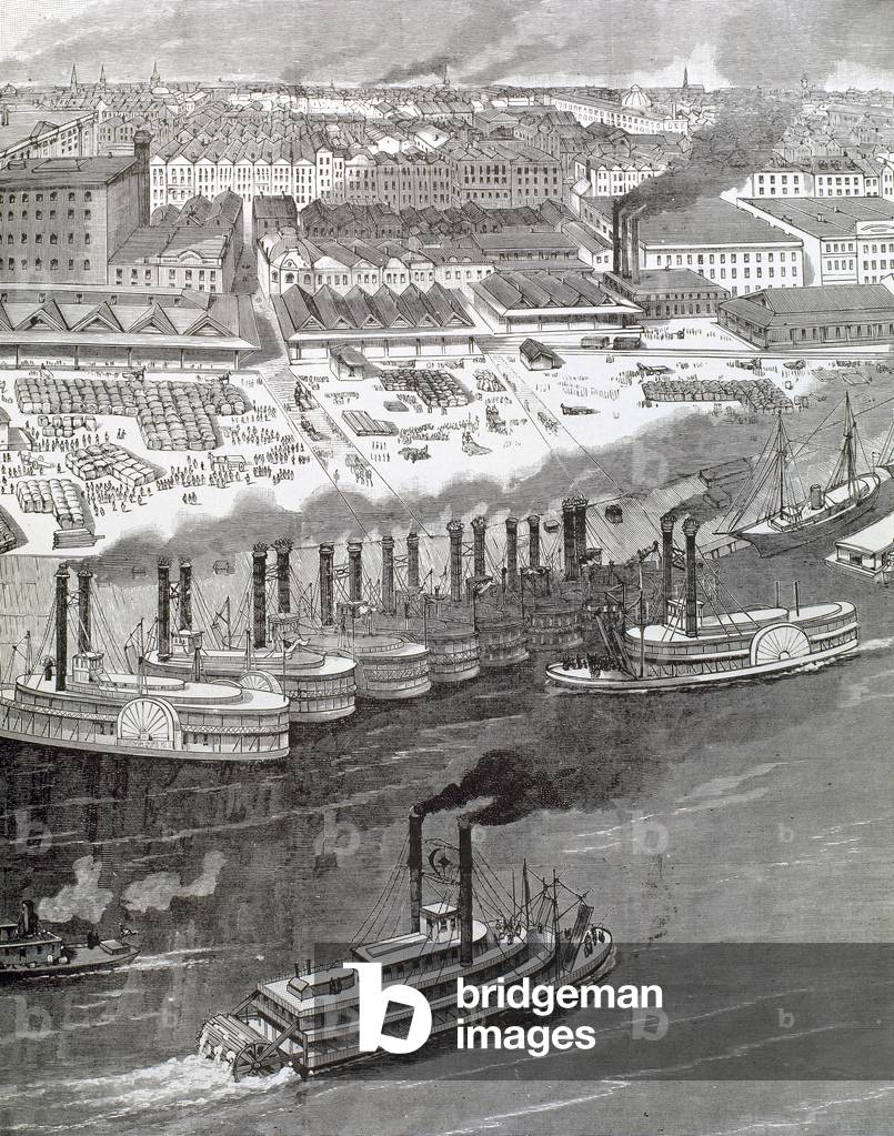 United States. 19th century. Steam boats in a harbor in the Mississippi riverside