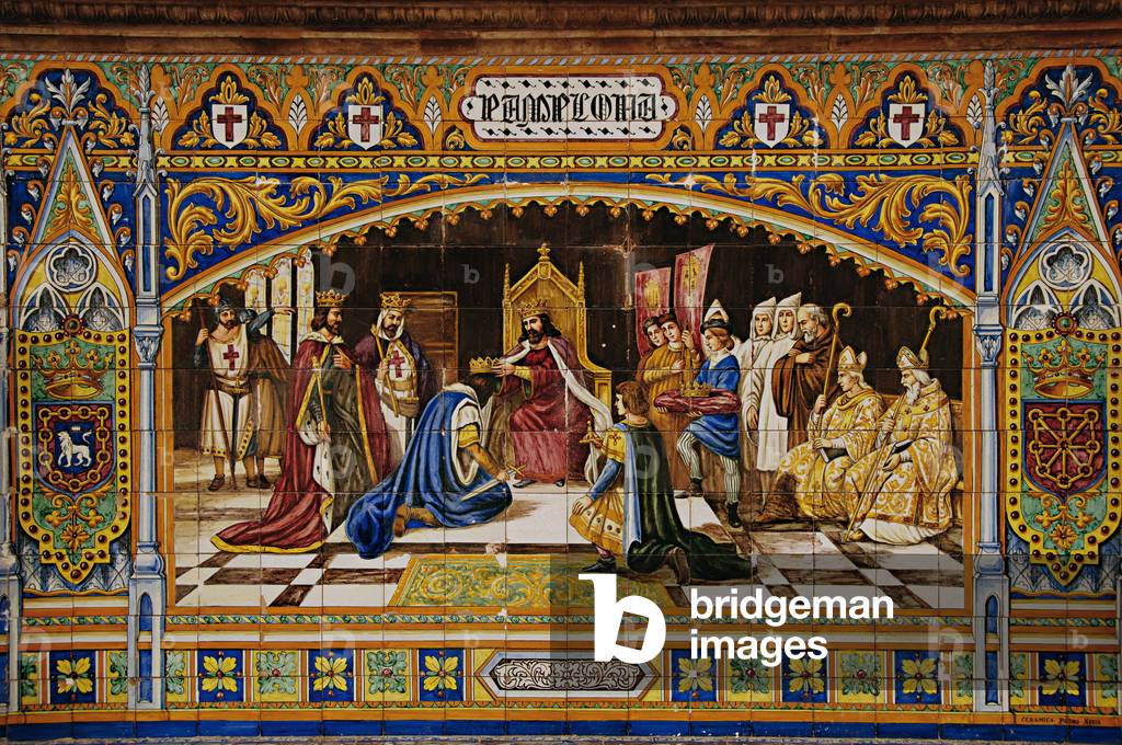 Sancho III distributing his kingdoms  of Navarre, Castile, Aragon and Sobrarbe among his sons Garcia, Ferdinand, Ramiro and Gonzalo, mosaic from Plaza de España, Parque de María Luisa, Seville, Andalusia, Spain, c.1928 (glazed ceramic)