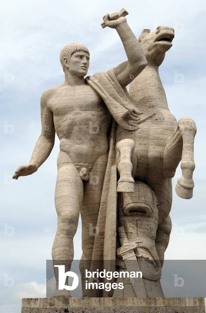 Sculpture of one of the Dioscuri by Morbiducci (1889-1963). Palace of the Italian Civilization. Rome.