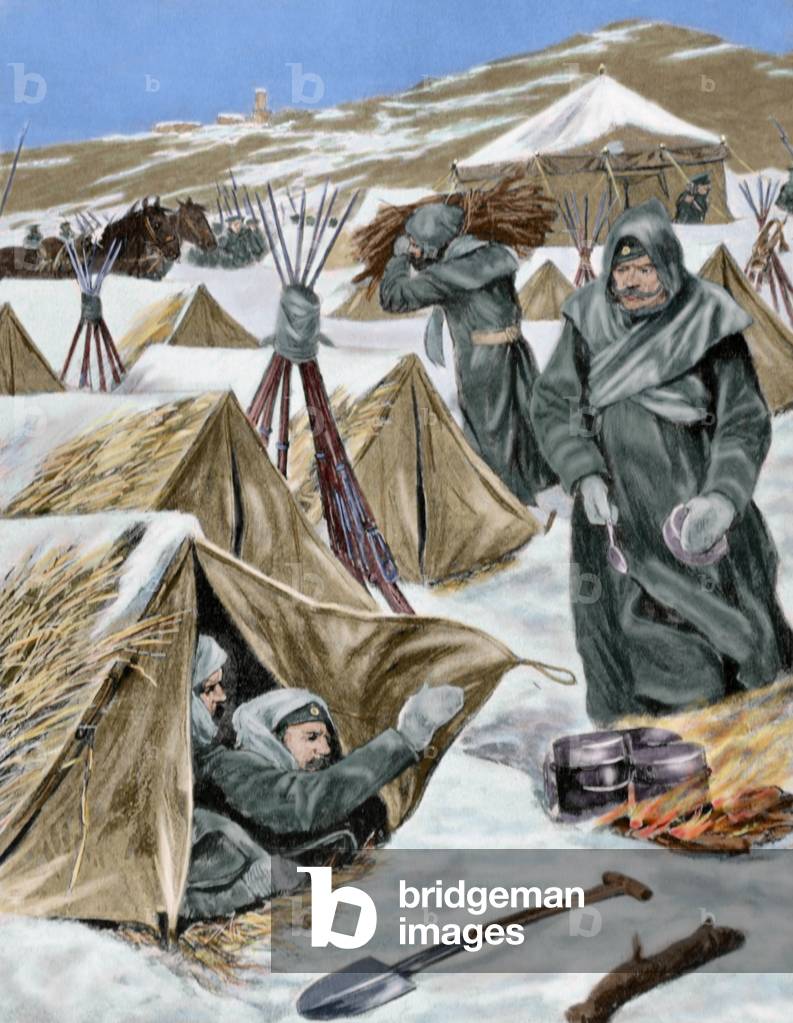 Russo-Japanese War (1904-1905), Russian camp on the snow (colour engraving)