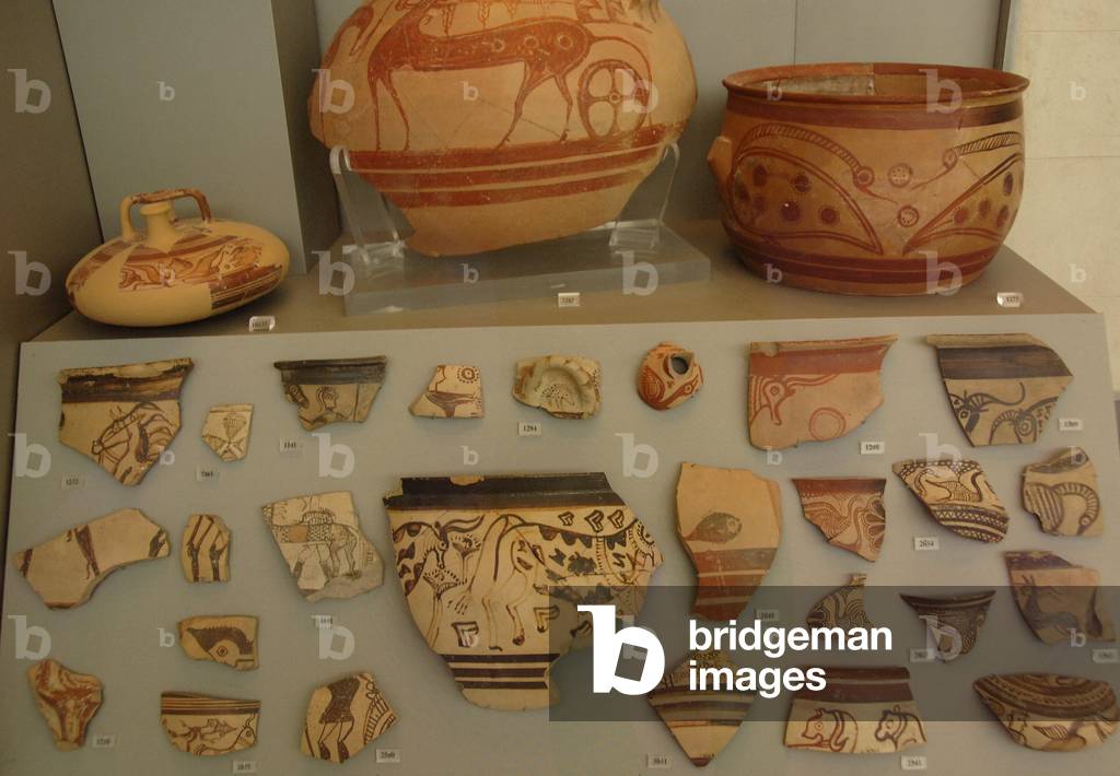 Mycenaean art. Greece. Fragments of pottery. Painting style.