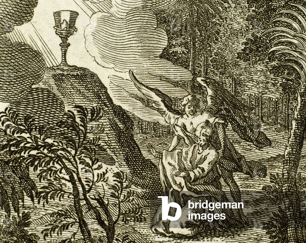 Jesus praying in the Garden of Gethsemane. An angel appears to comfort him (engraving)