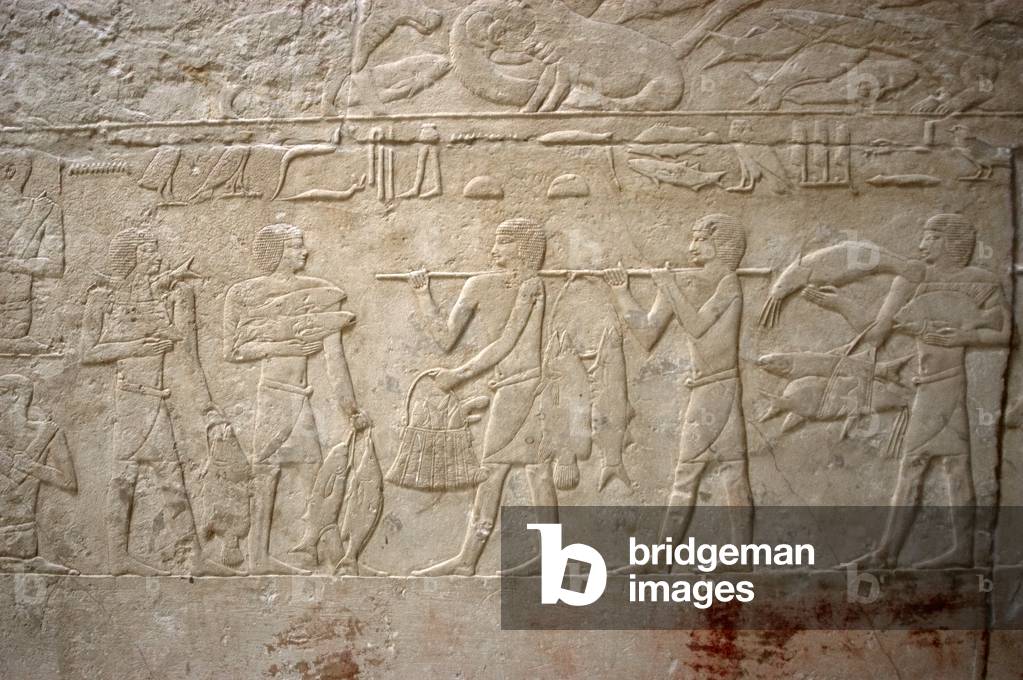 Carrying the fishing, Polychrome relief, Mastaba of Kagemni, Saqqara, Egypt