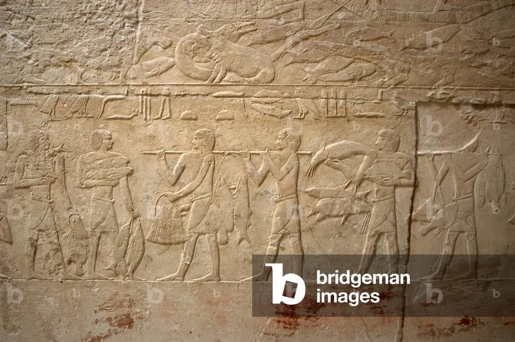 Egypt. Saqqara. Mastaba of Kagemni. Polychrome relief. Carrying the fishing.