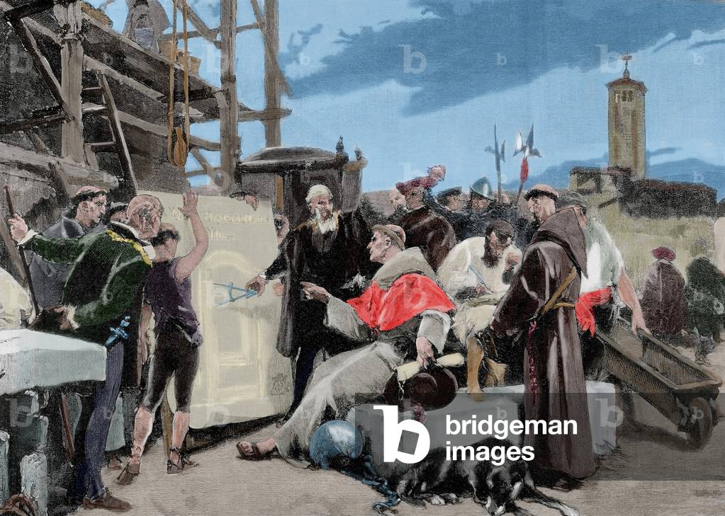 Cardinal Francisco Jimenez de Cisneros (1436-1517), directs the construction site of the Hospital of Charite, Shrine of Charite of Illescas, in Toledo (Spain) - Colorised engraving by Rico, from the painting by Alejandro Ferrant (1844-1917), from the Illustration Spanish and American, 1889 - (Cisneros visits construction of the hospital of the Charity, Sanctuary of the Charity of Illescas (Toledo) - Engraving by Rico, La Ilustracion Espanola and Americana, 1889)
