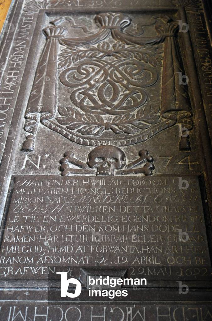 Sweden, Stockholm, Storkyrkan (Saint Nicholas Cathedral), Detail of a tombstone (photo)