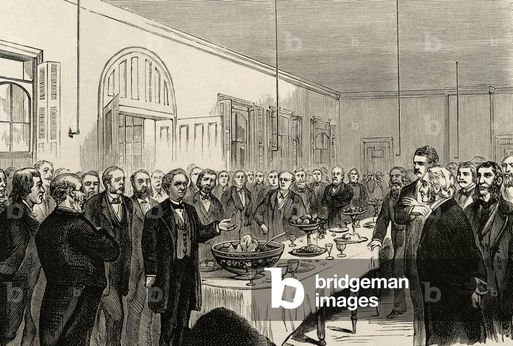 United States. New York. 50th Anniversary of the introduction of homeopathy. Commemorative banquet in the Hospital of Ward's Island. Engraving.