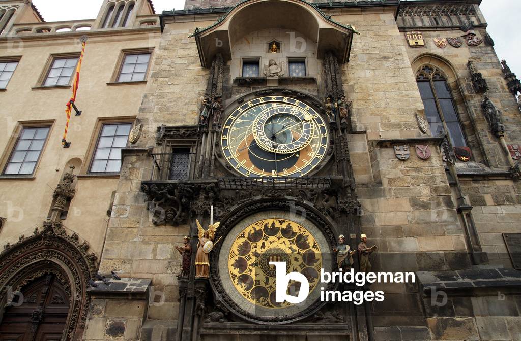 The Prague Astronomical Clock or Prague Orloj mounted on the southern wall of Old Town City Hall in the Old Town Square. Clock, calendar, and animated figures.. Czech Republic.