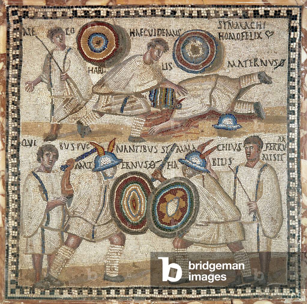 Roman art. Mosaic of the 4th century depicting scenes of gladiator fights. It is a struggle between two Thracians. Archeological Museum, Madrid