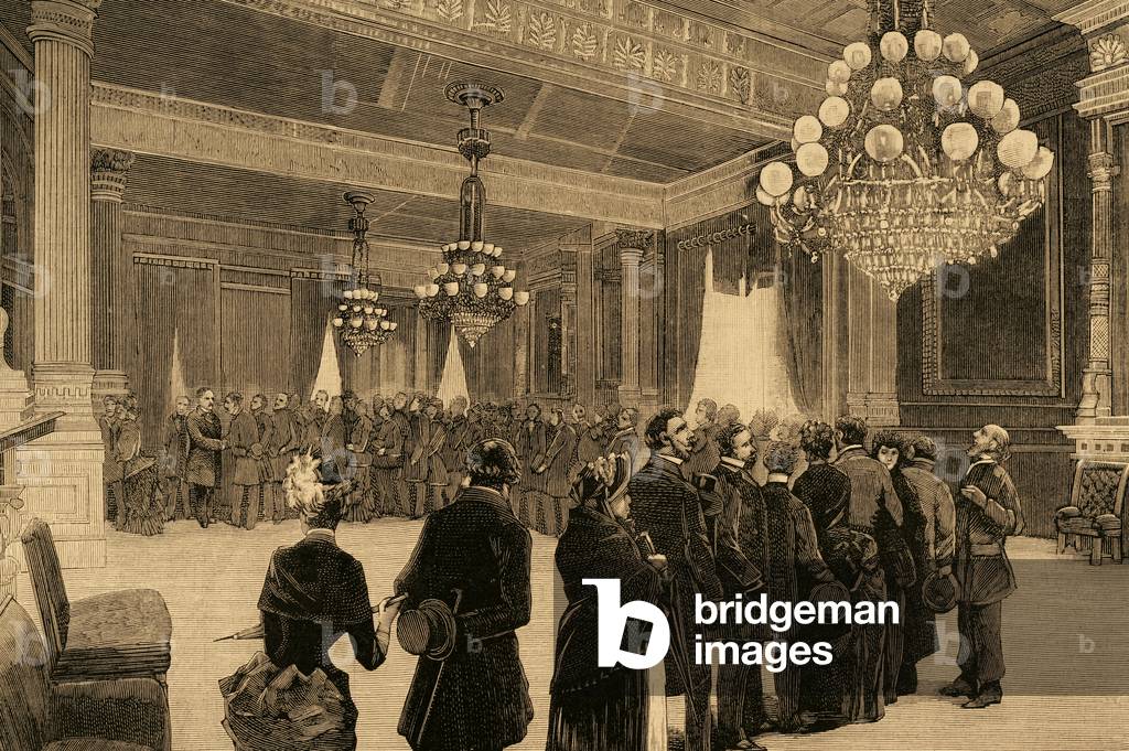 United States. Washington. A public reception day by President Grover Cleveland (1837-1908) in the East Room of the White House. Engraving.