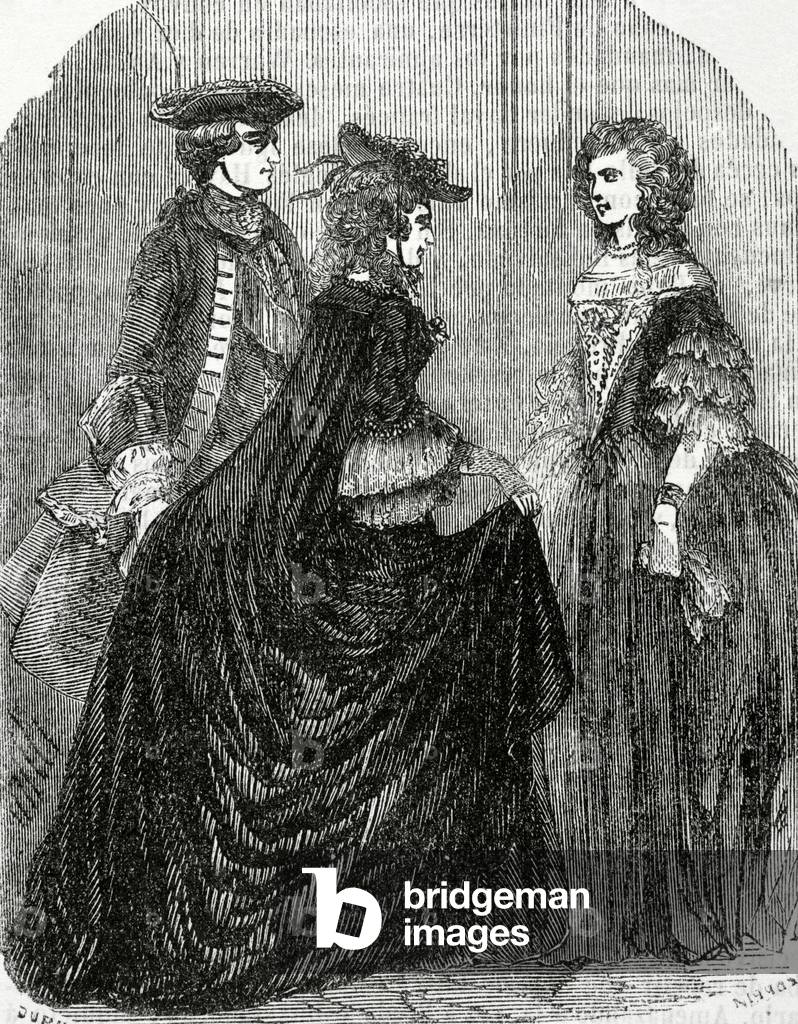 King Louis XV of France and his mistress Marie-Anne of Mailly-Nesle, saying goodbye to the Queen Maria Leszczynska (engraving)