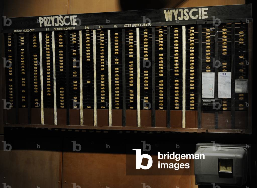 Attendance control board and time-card punch clock, Lenin Shipyard, Gdansk, 1970s, Poland