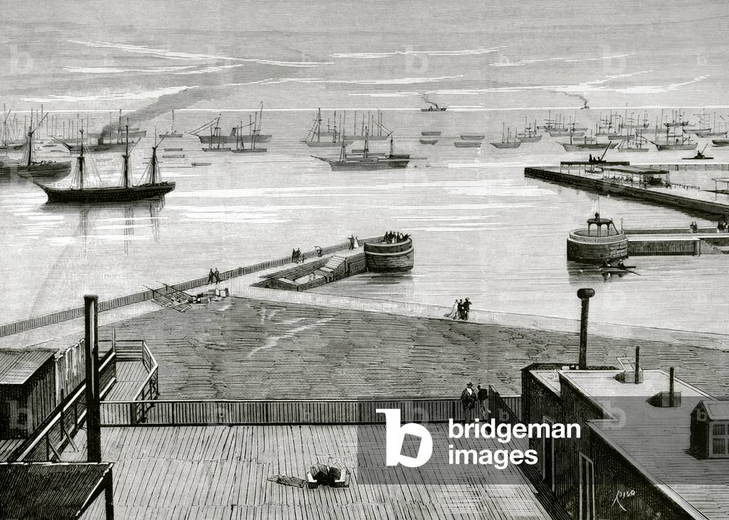 War of the Pacific.1879-1883. Conflict between Chile and Peru and Bolivia. Peru. Dock and port Callao,1879, by Rico, La Ilustracion Espanola y Americana, 1879 (engraving)