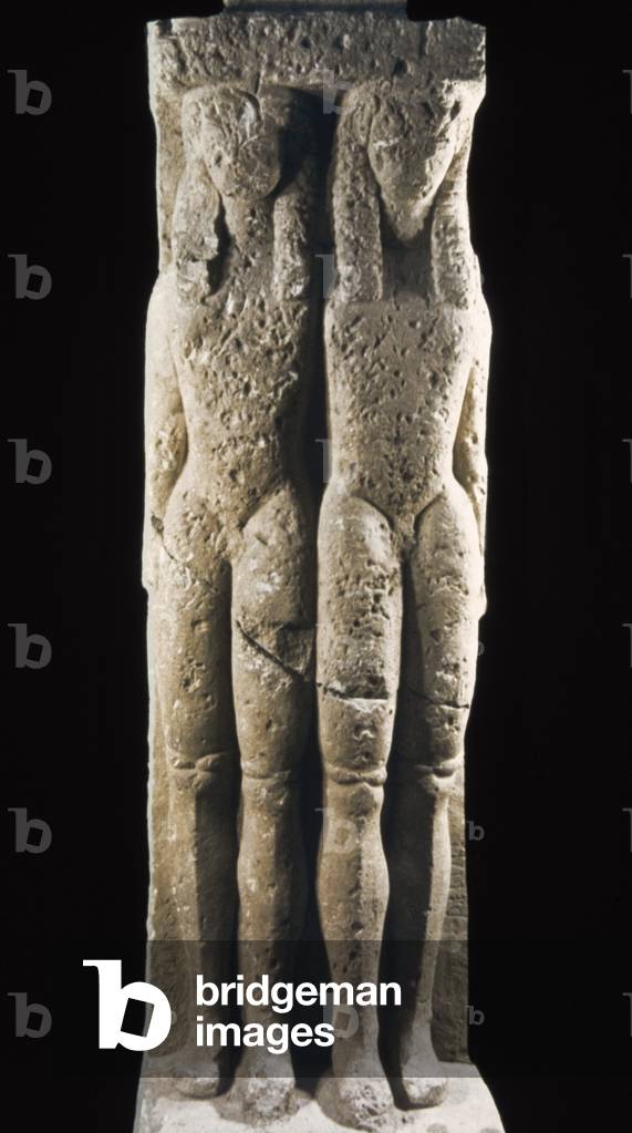 Funerary stele of Dermys and Kitylos, 6th century BC, Limestone, Necropolis of Kokali, Tanagra, Boeocia, Greece