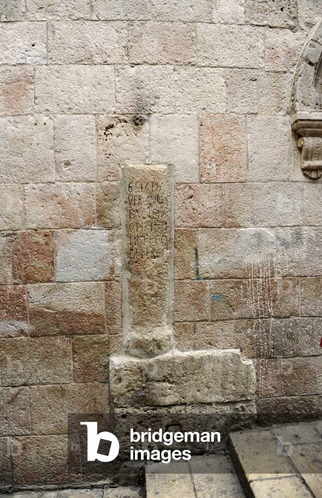 Israel. Jerusalem. Via Dolorosa. Inscription that marks the place of the encounter between Jesus and Veronica.