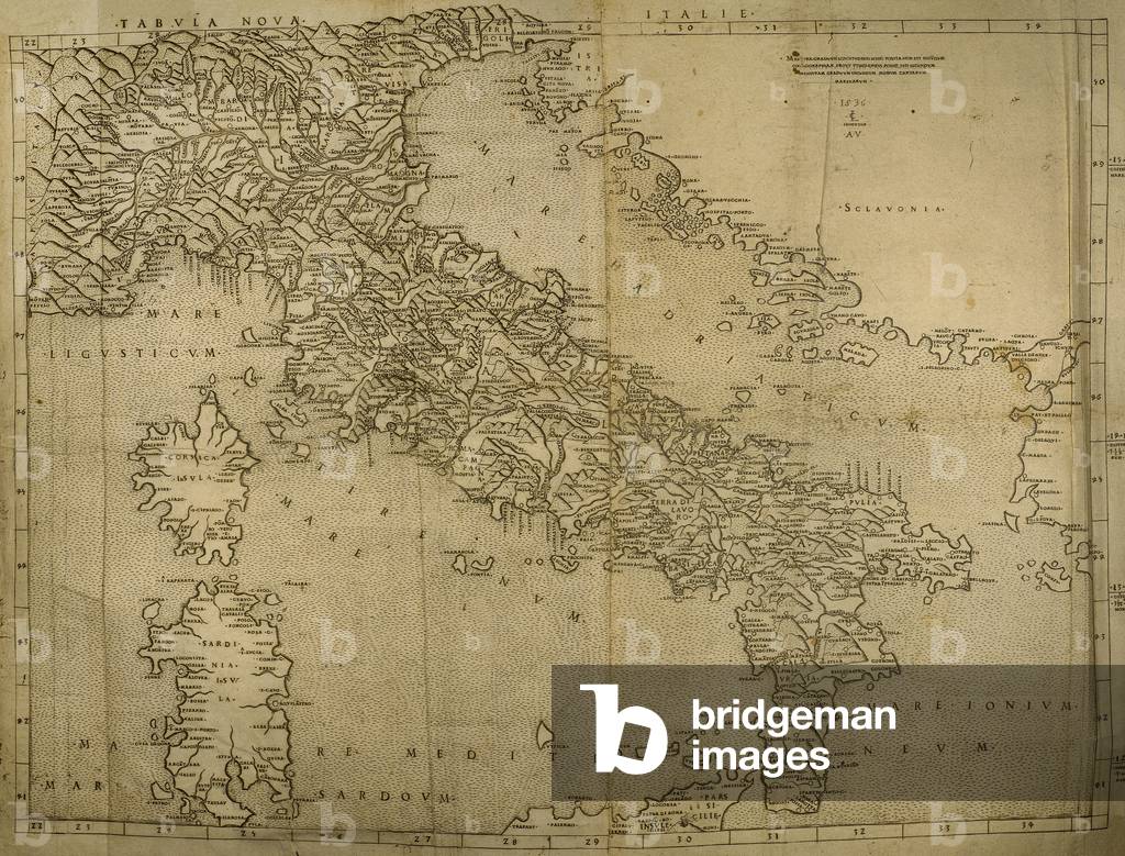 Map of Italian Peninsula, Islands of Corsica and Sardinia and Adriatic coast, 16th century  (engraving)