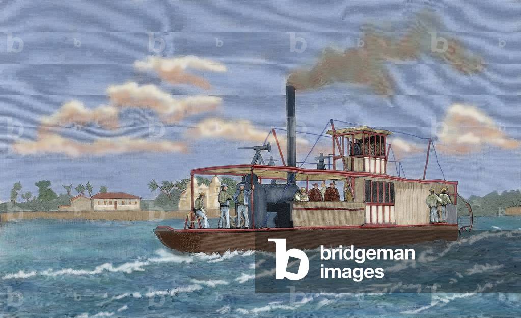 Portuguese gunboat commanded by Major Serpa Pinto, at the mouth of the Zambezi River. Engraving. coloured.