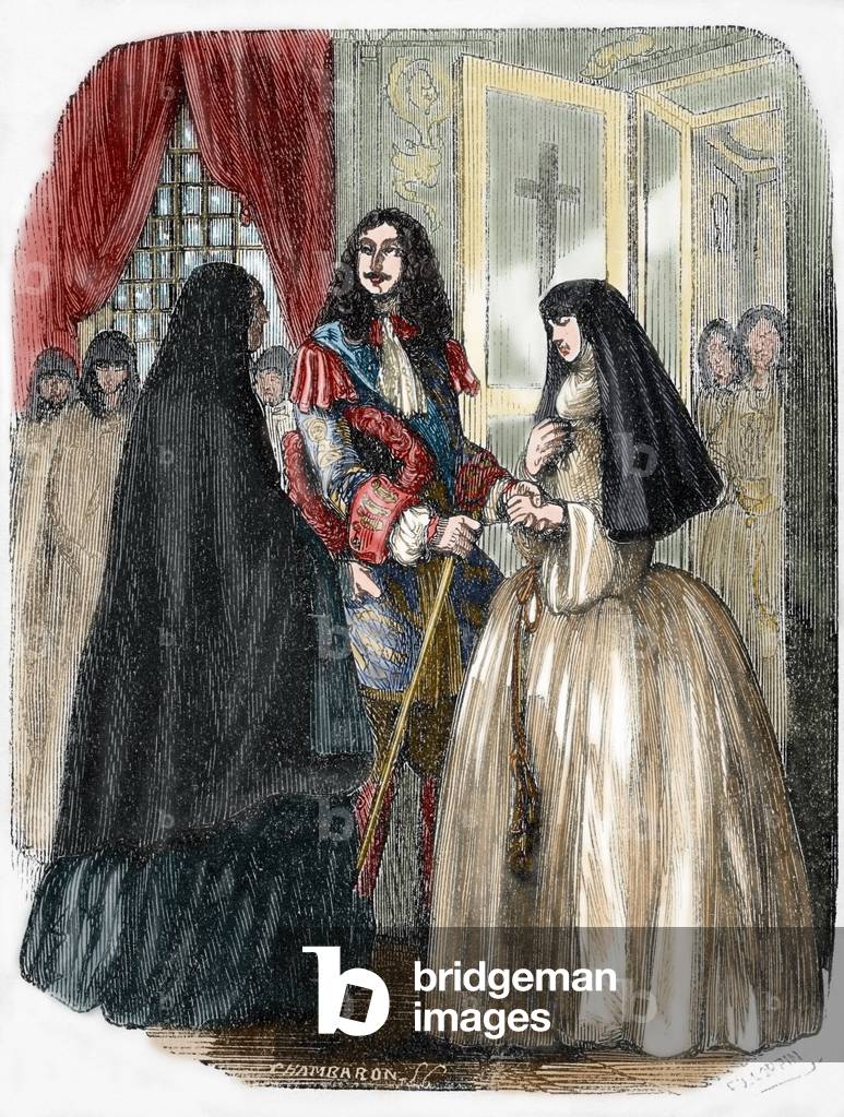Louis XIV and his mistress Louise de La Valliere (1644-1710). Engraving. coloured.