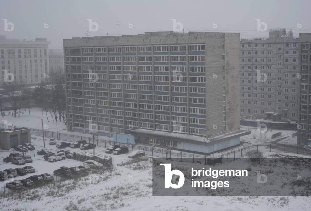 Russia. Saint Petersburg. Winter scene. Rationalist building in Soviet-style architecture.