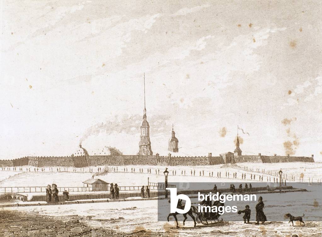 18th century. Russia. St. Petersburg. Peter and Paul Fortress and Neva River. Engraving.