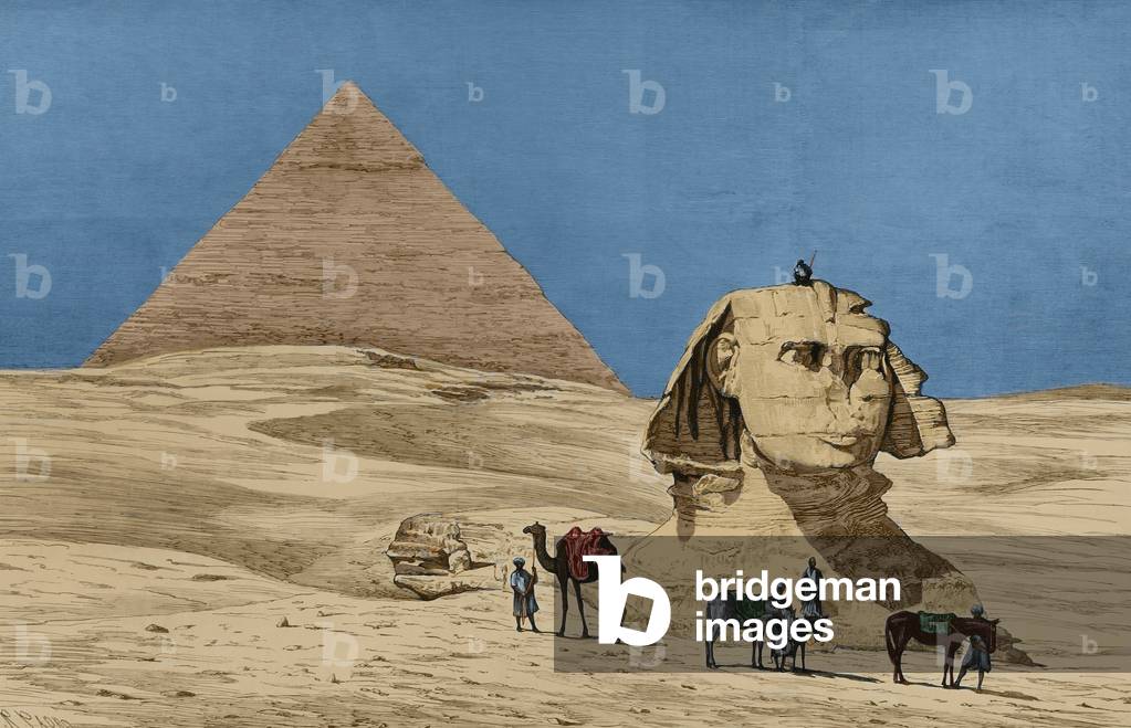 Egypt, Giza. View of the Sphinx and the pyramid of Khafre, before the excavations carried out under the direction of Auguste Mariette. Engraving, 19th century. Later colouration.