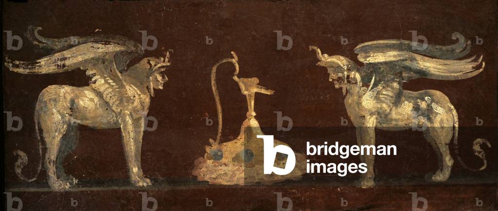 Plinth with idria between androsfingi, Central area of the south wall, Temple Isis, Pompeii, Italy