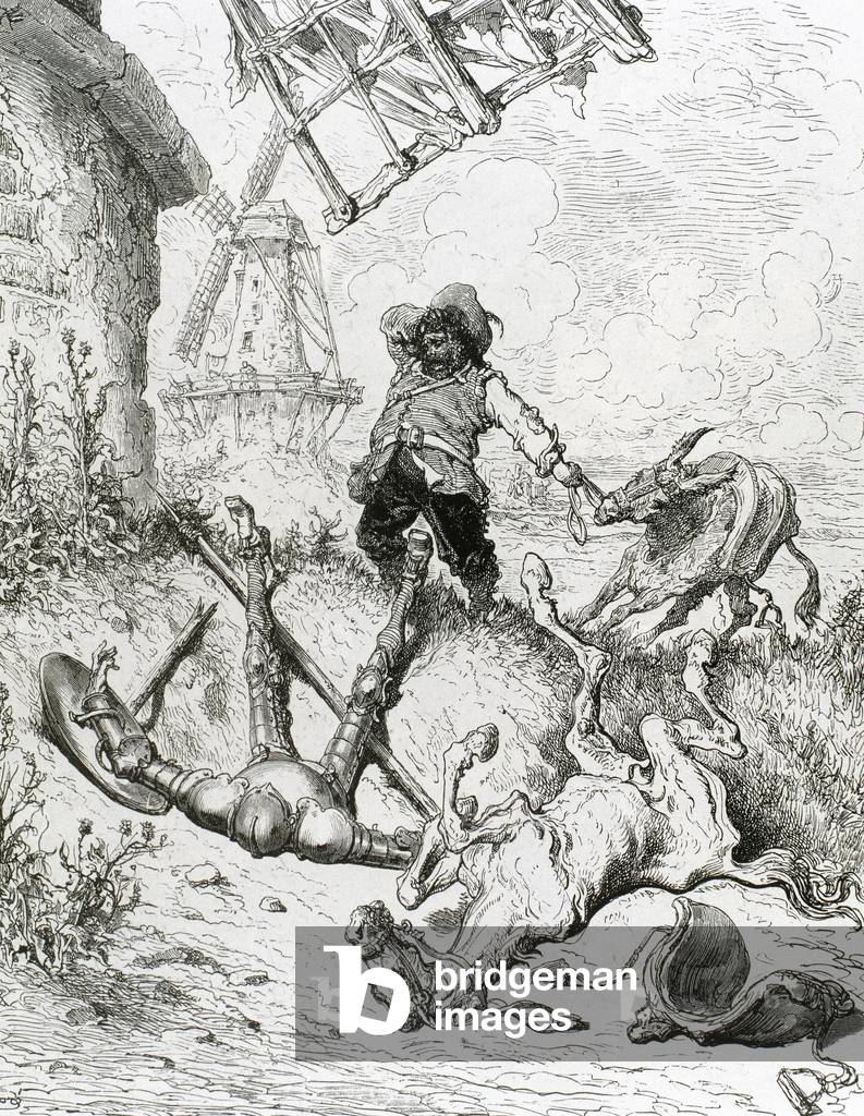 Spanish literature. 'The Ingenious Hidalgo Don Quixote of La Mancha'. Sancho Panza assists to Don Quixote after the attack on the Windmills (Book I). 
