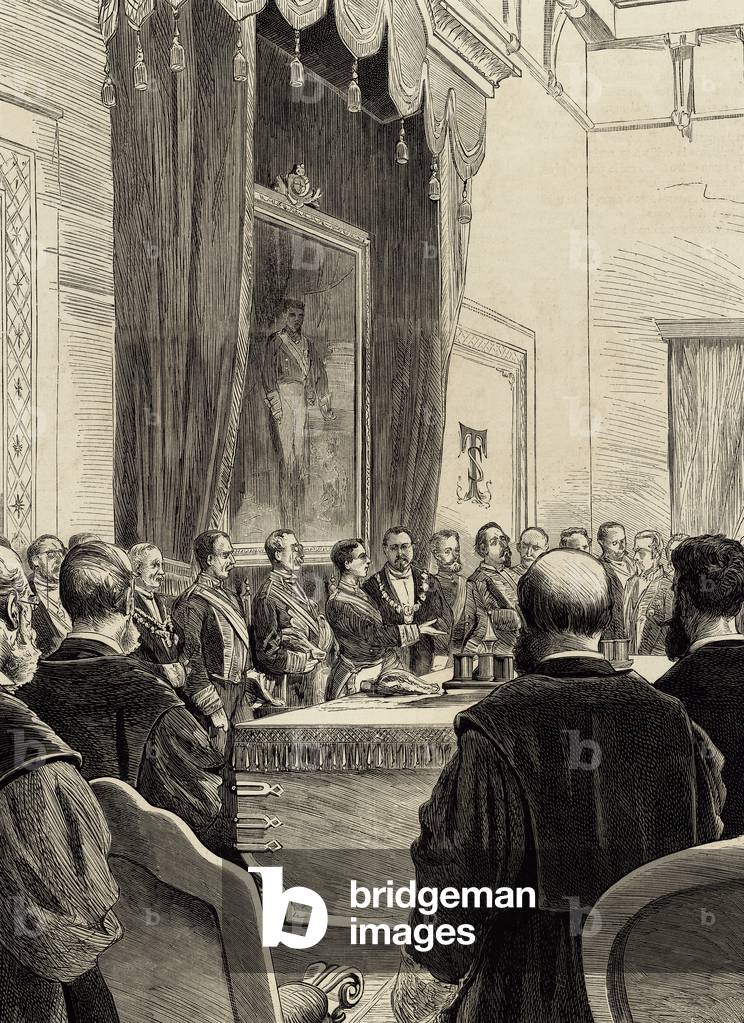 Speech of Alphonse XII at the opening session of the courts of the kingdom. Engraving, 1877.
