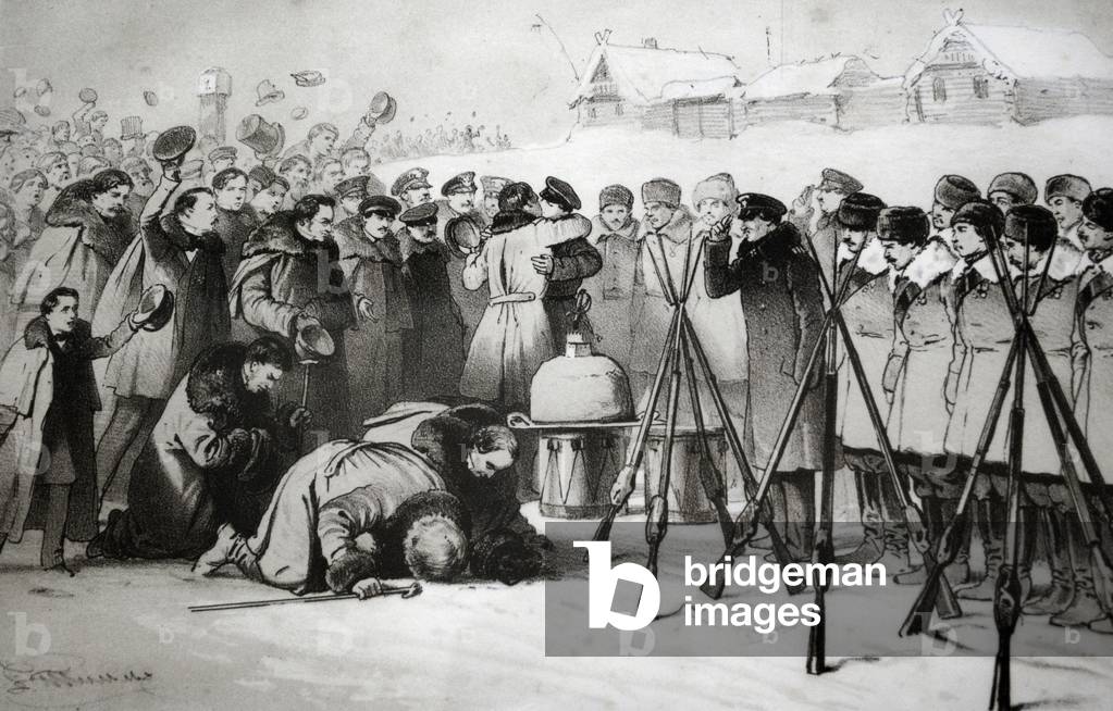 Russia. Moscow. 1856. Ceremony to welcome the participants in the siege of Sevastopol defense, during the Crimean War (1853-1856). Lithography.