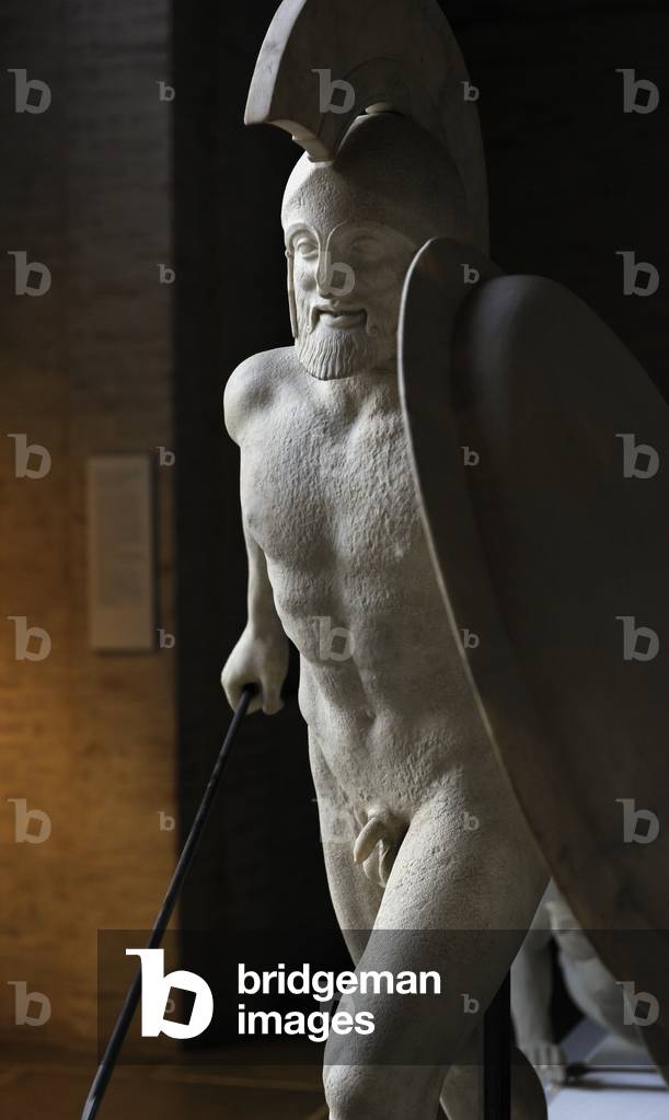 East Pediment's Group of the Temple of Aegina, Aphaia, Greece. Reconstruction of a warrior. 19th century. Glyptothek. Munich.