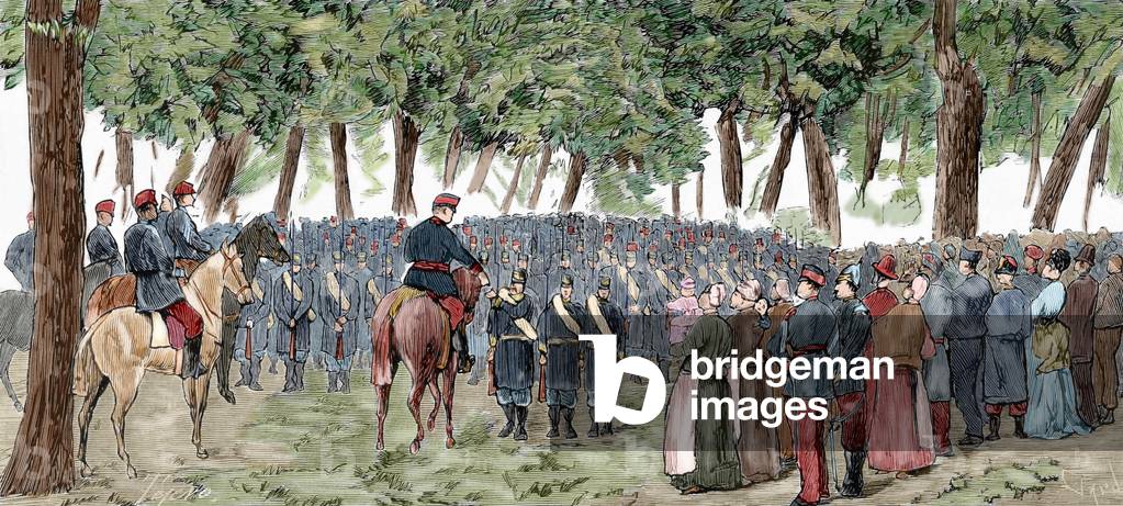 Spain. Third Carlist War (1872-1876). Vitoria. Alava. The General Quesada honors three Barbastro's hunter soldiers by their merit made in the Action of Villareal (colour engraving)