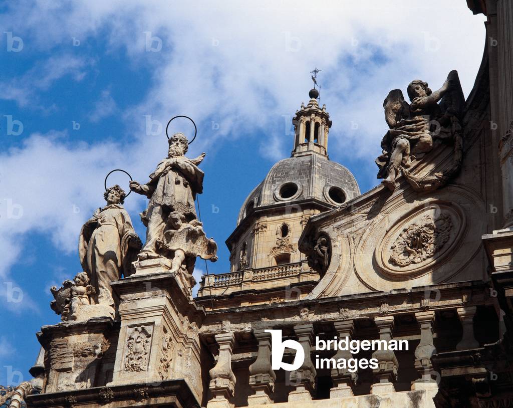 Spain. Murcia. Cathedral Church of Saint Mary. Main facade by Jaime Bort. 18th century. Baroque. Saints sculptures by Pedro Perez.