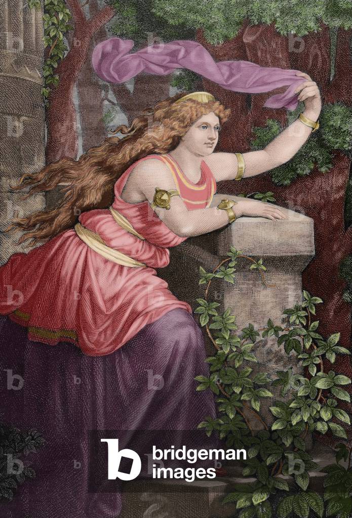 Representation of Iseut (or Iseut, Yseut, Yseult, Isolde, Ysolde), Queen of Ireland - Coloured engraving by A. Schurufter, from a painting by Teodoro Biris, from Illustration, 1884 - Iseult of Ireland, Irish princess - Engraving after a painting of T. Biris by A. Schurufter, The Illustration, 1884, Colored