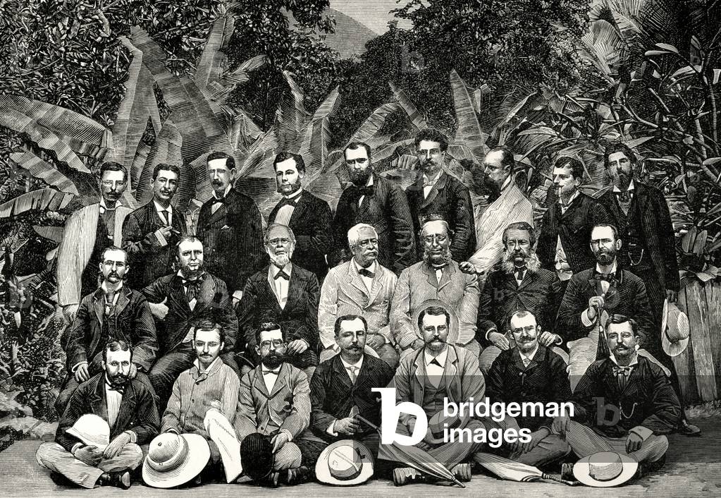 Panama. Members of the study committee, chaired by Ferdinand de Lesseps (1805-1894) for opening the canal. Engraving.