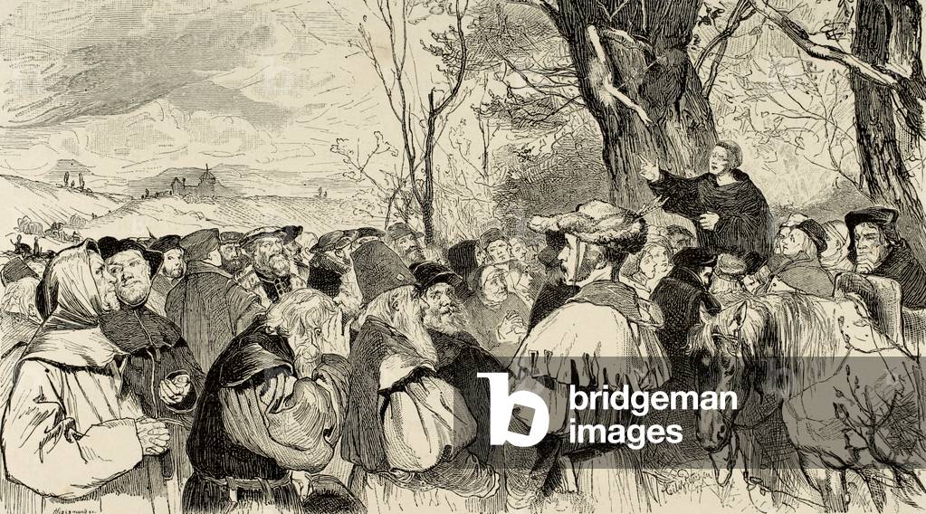 Martin Luther (1483-1546) preaching in Mora. Engraving. Germany