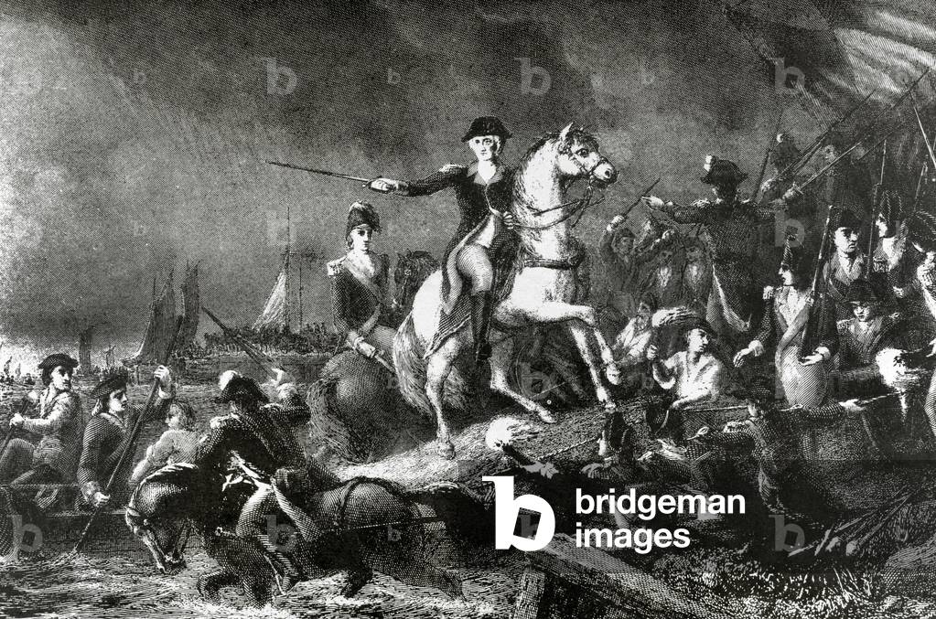 American Revolutionary War (1775-1783). The Battle of Long Island (August 27, 1776). Withdrawal of Continental Army (engraving)