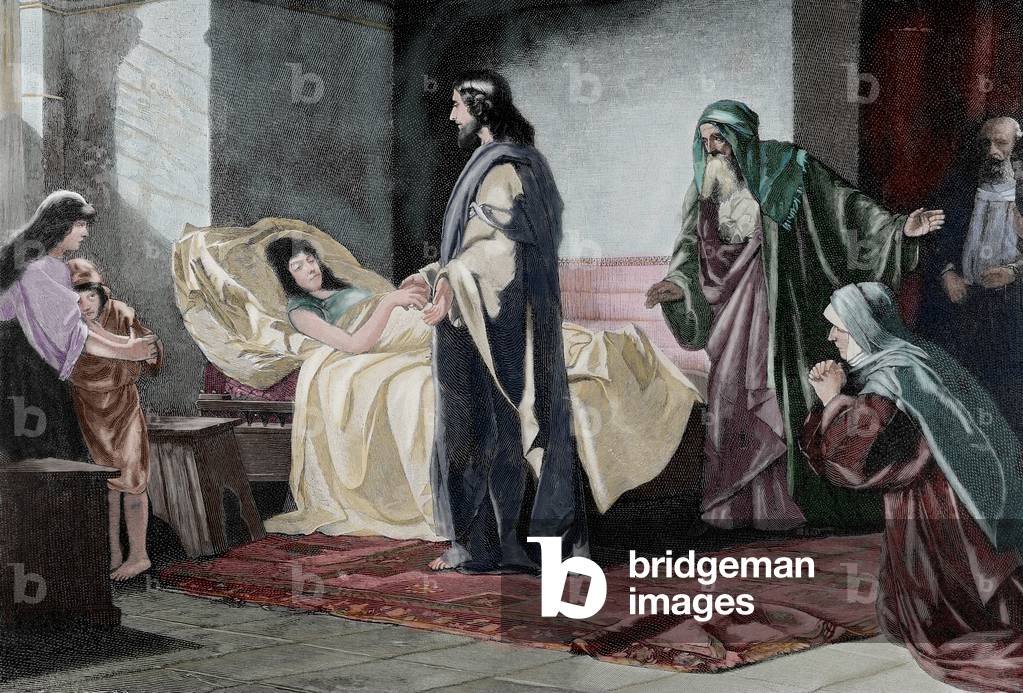 Resurrection of Jairus' daughter. Engraving by Rusing. COLOURed.