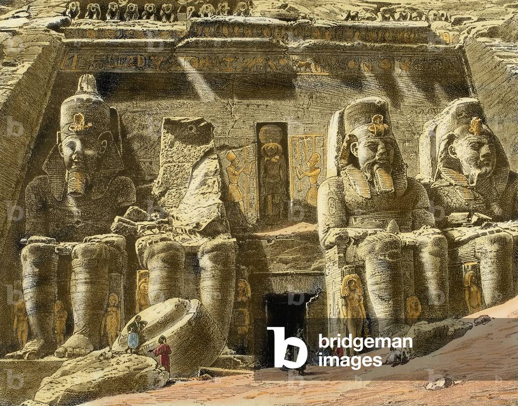 Egypt. Abu Simbel. Great Temple of Ramesses II, 19th century (coloured engraving)