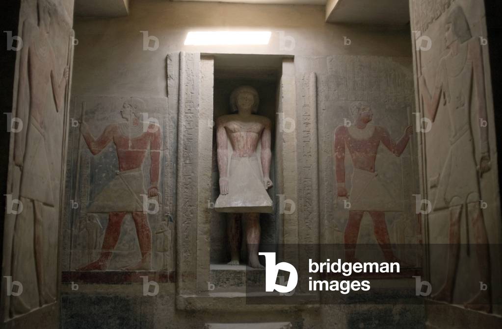 Polychrome relief and Mereruka's statue at false door, Mastaba of Mereruka, Saqqara, Egypt