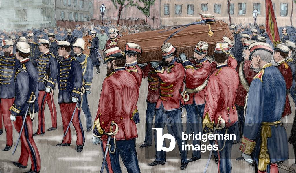 Burial of General Manuel Cassola Ferna?ndez (1838-1890). Engraving. Colored.
