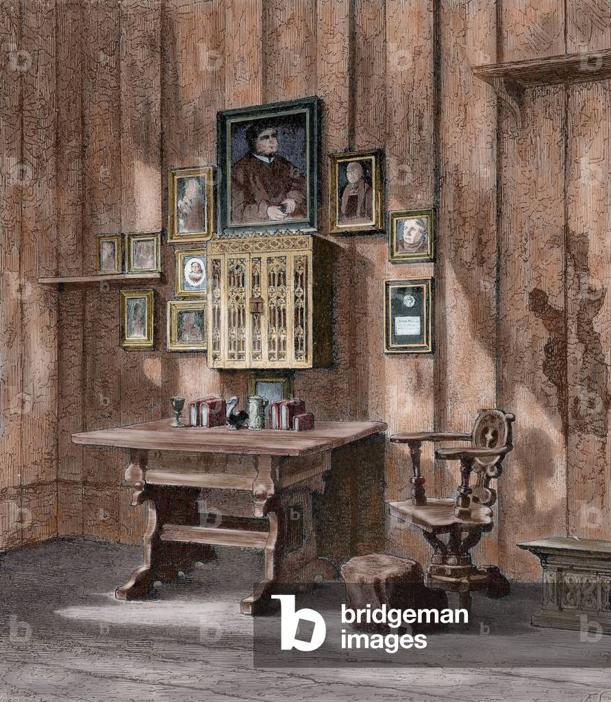 Room of Martin Luther (1483-1546) at Wartburg. Engraving. coloured.