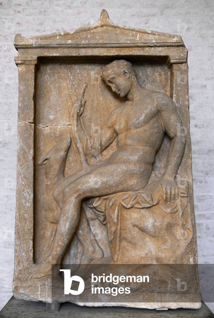 Greek art. Grave relief of a youth as huntsman with his hound. About 360 BC.