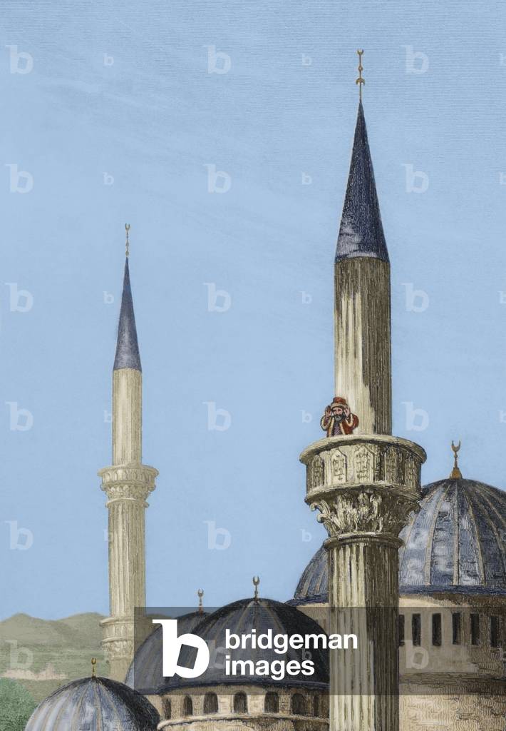 Muezzin announcing the prayer from the minaret of the mosque. Engraving. Later colouration.