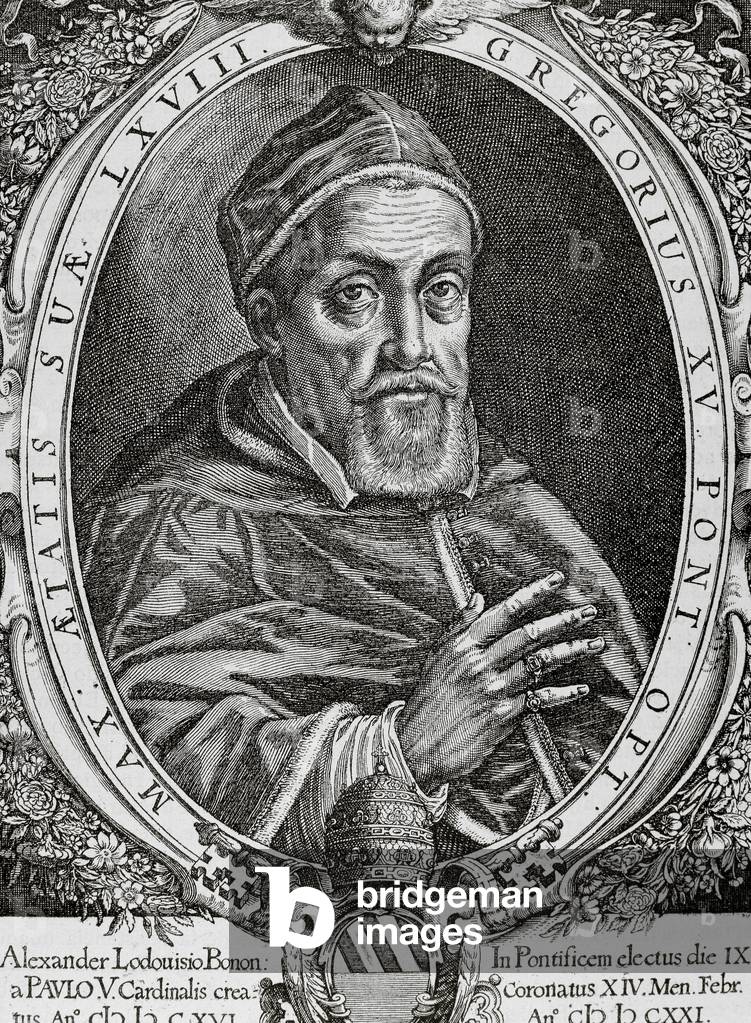 Portrait of Pope Gregory XV (1554-1623), by Peter Isselburg (1580-ca.1630) (engraving)