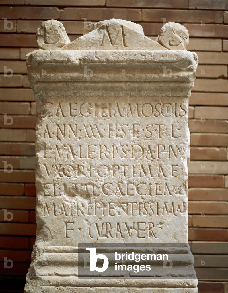 Roman Art. Spain. Altar stone. Inscription: Caecilia Moscichies. C. 2nd century AD. National Museum of Roman Art. Merida. Spain.