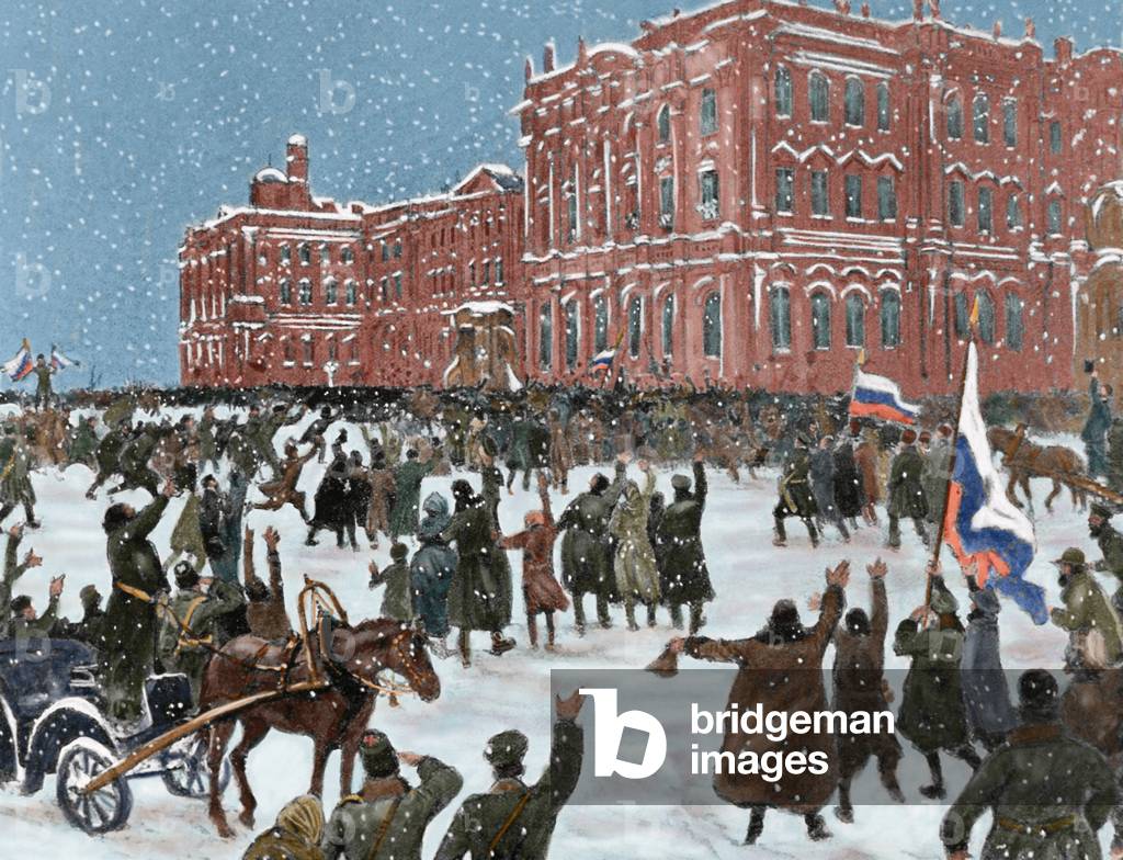 Russo-Japanese War (1904-1905). Patriotic demonstration in St. Petersburg. Engraving. coloured.