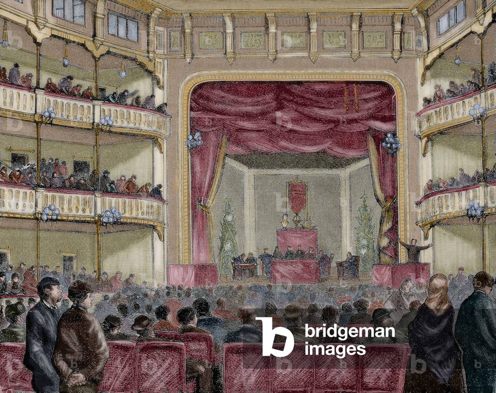 Spain. Barcelona. Labor Congress. Engraving. coloured.