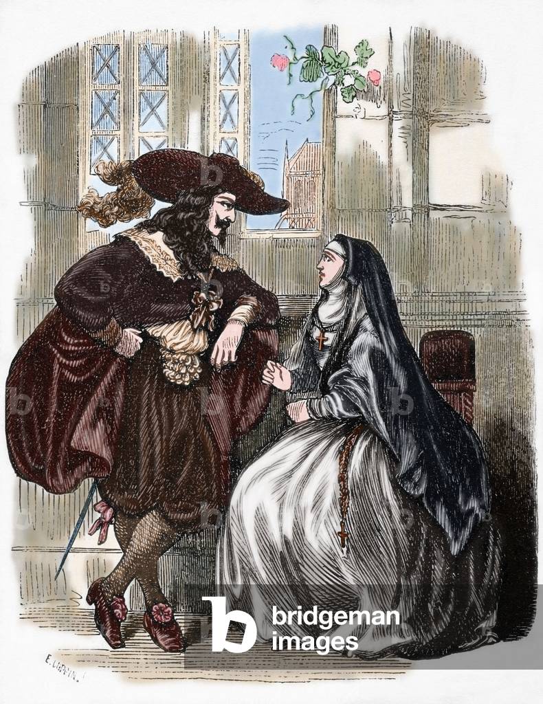 Louis XIII visiting in the convent of the Visitation to Luise de La Fayette (1616-1655). Engraving. coloured.