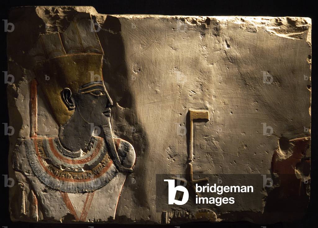 Polychrome relief depicting god Amun-Min as pharaoh. Egypt.